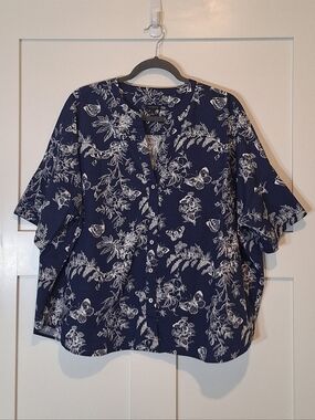 Talbots Band Collar Button Front Poplin Top Pencil Butterfly Print Blue White L